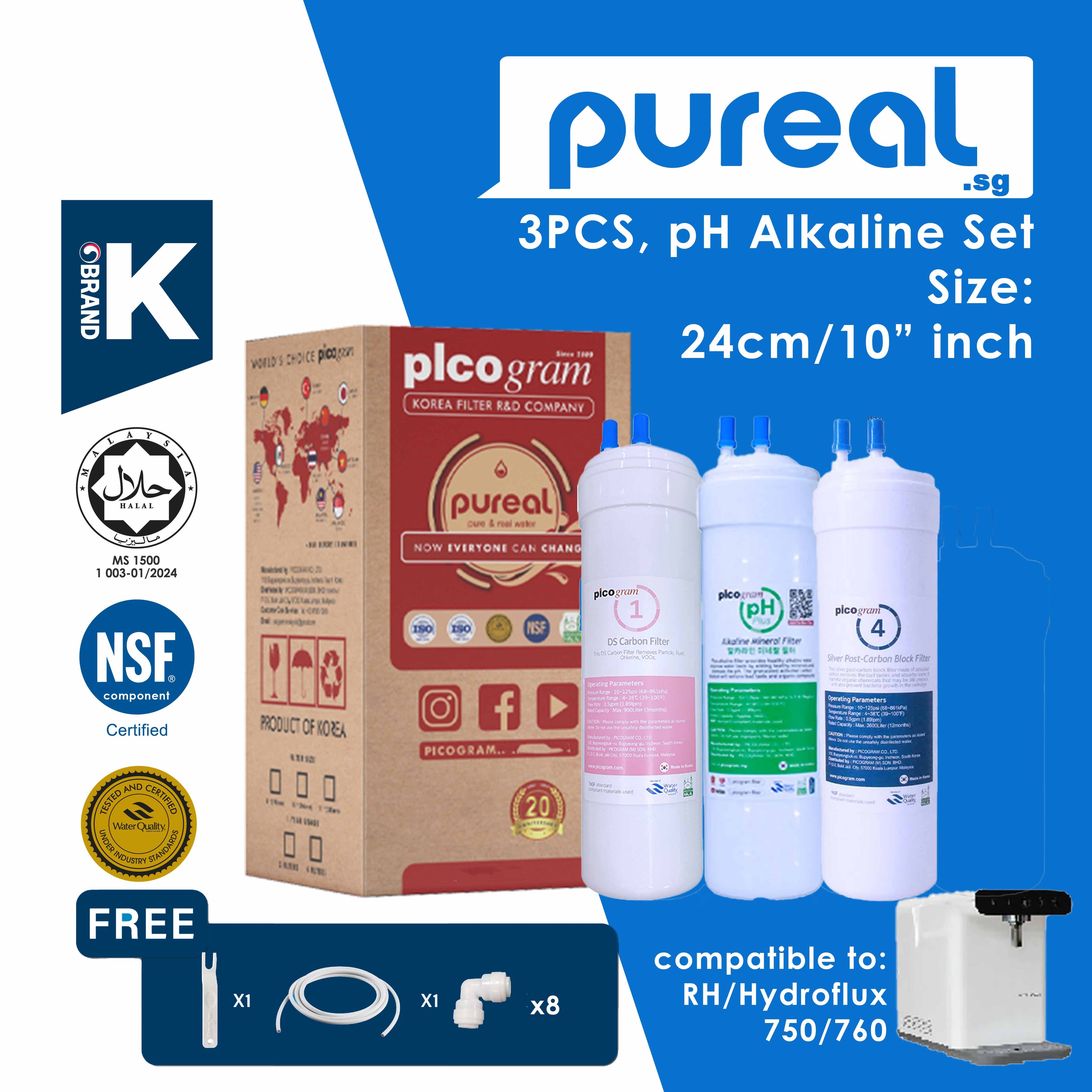 Pureal Picogram DS/ UF/ Nano pH Alkaline Water Purifier, 3PC sets, 24cm